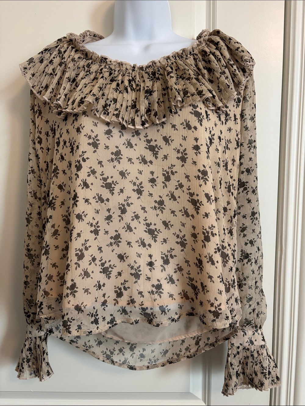 English Factory Beige Floral Ruffle-Neck Blouse - Women Tops size S